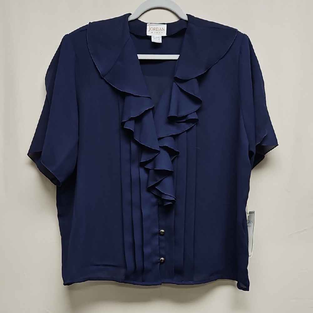 Jordan Woman NWT Vintage Navy Blue Romantic Ruffle Chiffon Blouse Plus Size 18W